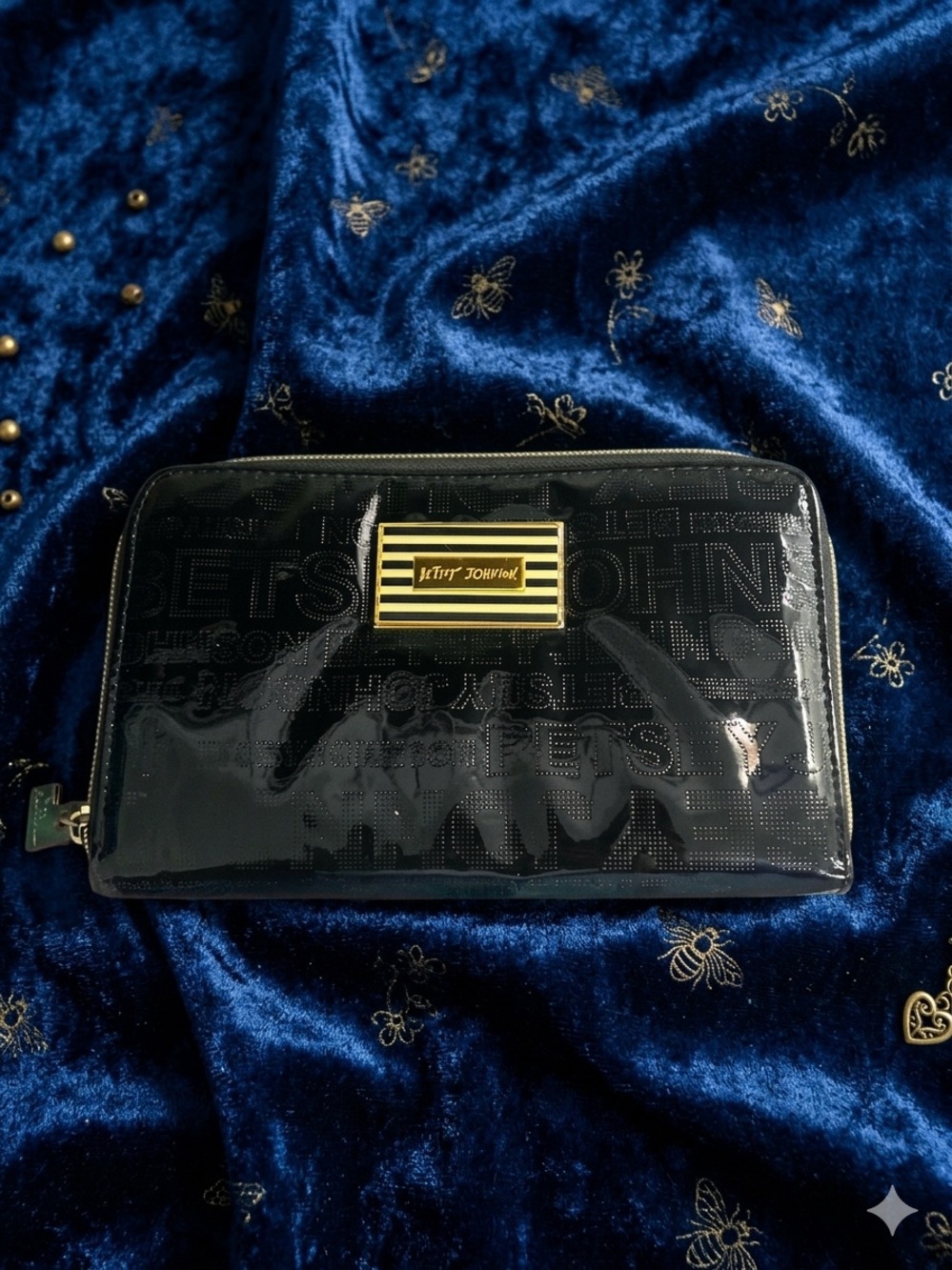 Betsey Johnson Black Pouch with Gold Heart Charm